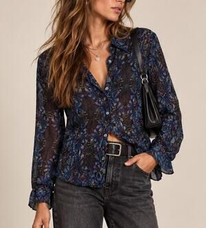Fifteen Twenty Womens Abstract Button Up Top Size S Blue Y2K Indie Sleaze Artsy